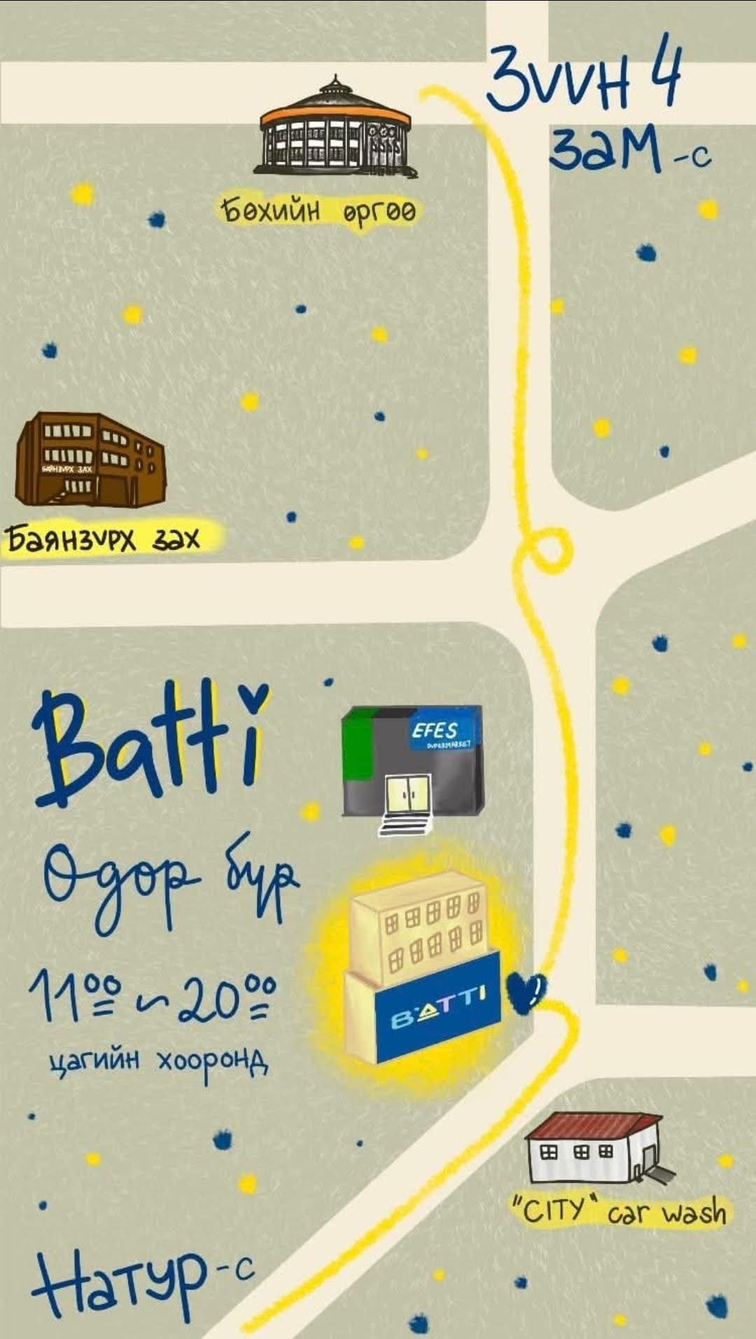 BATTI дэлгүүрийн байршил - Бөхийн өргөө, Баянзүрх захын ойролцоо